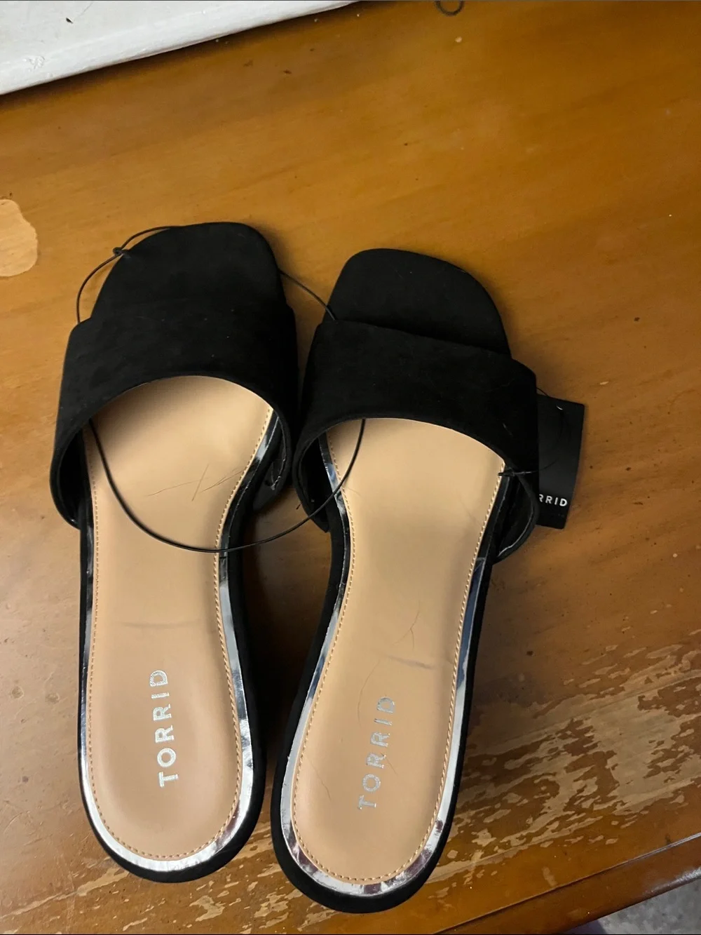 torrid Black Suede Slide Wedges with Tan Insole
